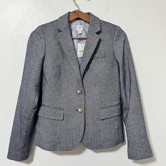 J Crew Herringbone Wool Blend Schoolboy Blazer Size 2 Navy Academia Old Money - Picture 1 of 11